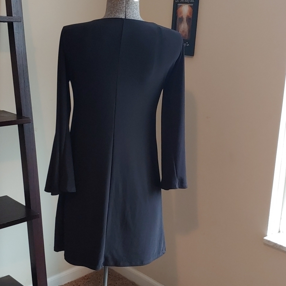 Nik and Nash Black Split Bell Sleeve Dress Rhinestone Shoulder Accent - Picture 4 of 9